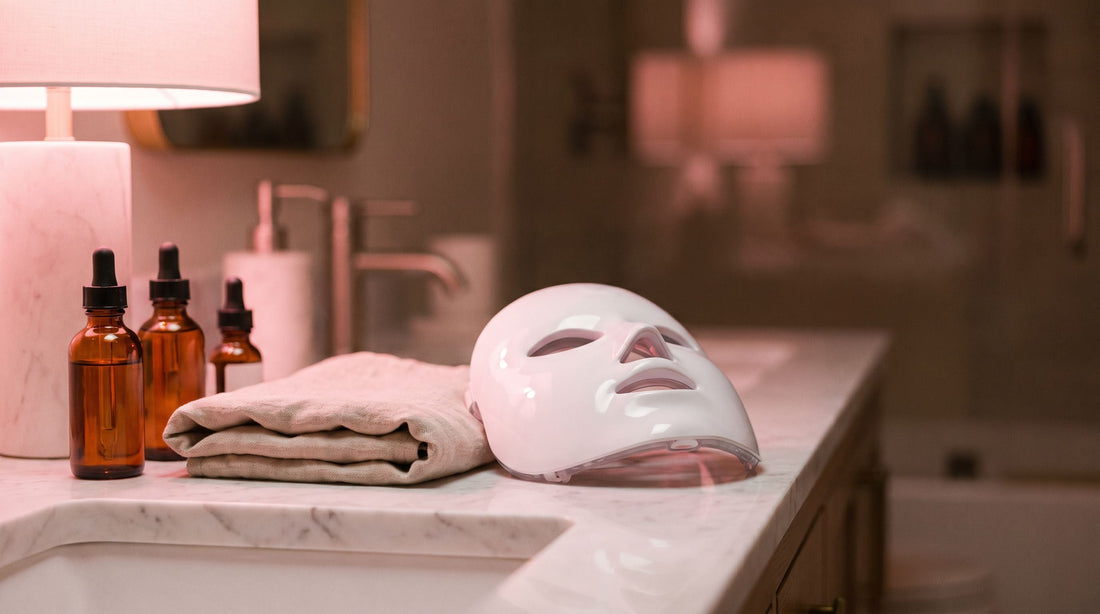 Tocador con productos de skincare y un dispositivo LED