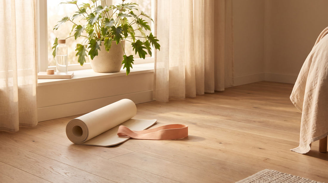 Tapete de yoga enrollado y banda elástica junto a una ventana