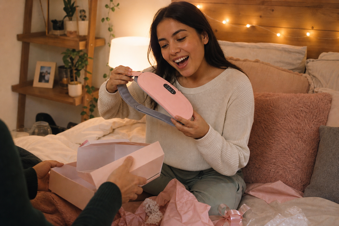 Novia recibiendo de regalo el cinturón térmico Alivia para cólicos menstruales