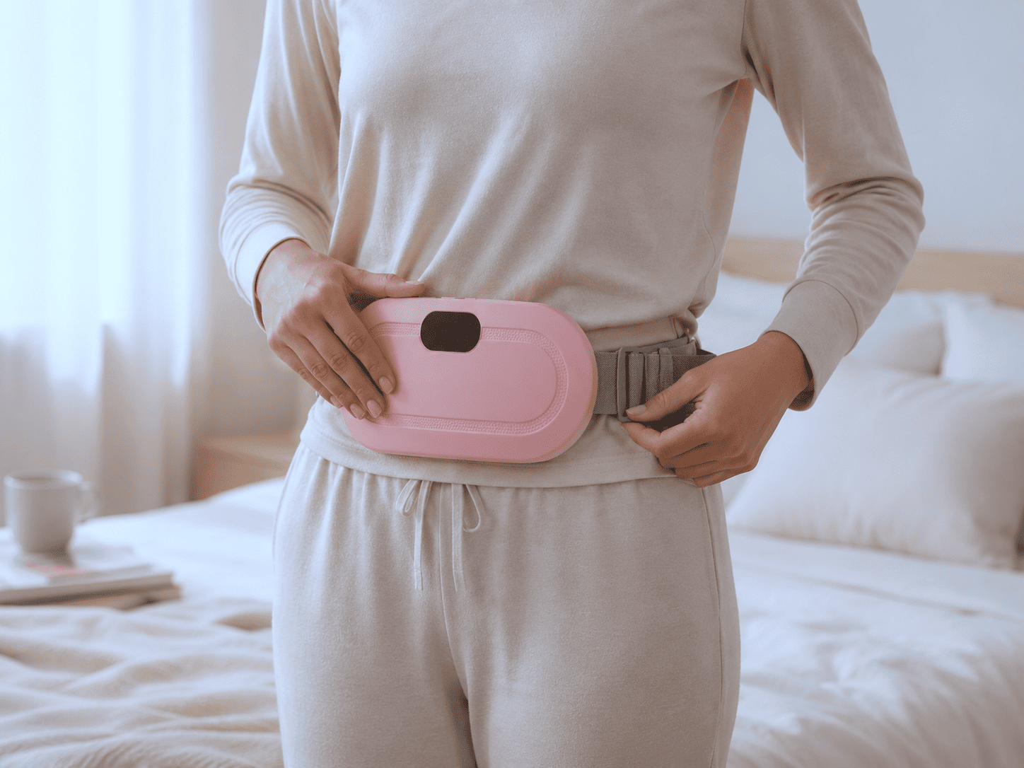 Persona utilizando un cinturón anticólico rosado en un dormitorio.